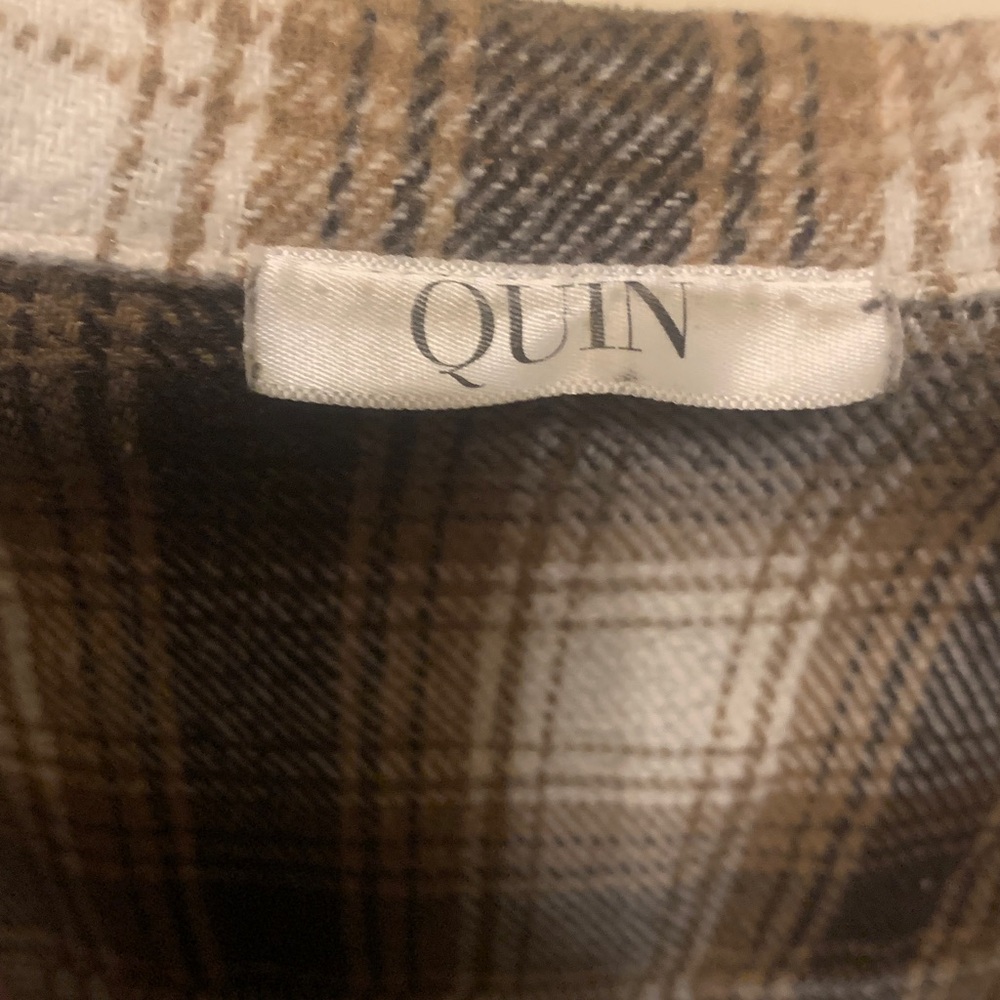 Like New Quin White Cream/Brown Plaid L/S Collared Fringe Shirt- Small - Picture 2 of 10